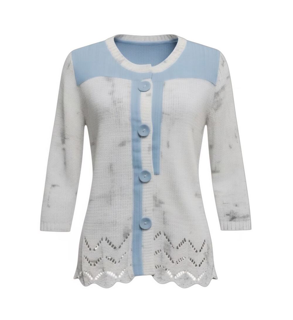 Gizel Gray Medium M/L Knit Cardigan Button-Up Shoulder Yokes, Scalloped Pattern